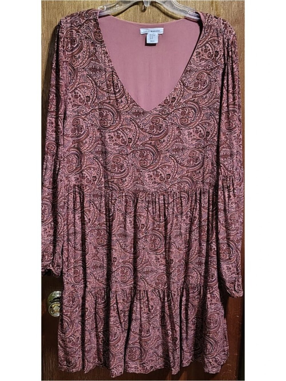 Lucky Brand Mauve Pink Paisley Print Babydoll Mini Dress Size XL V-Neck Tiered